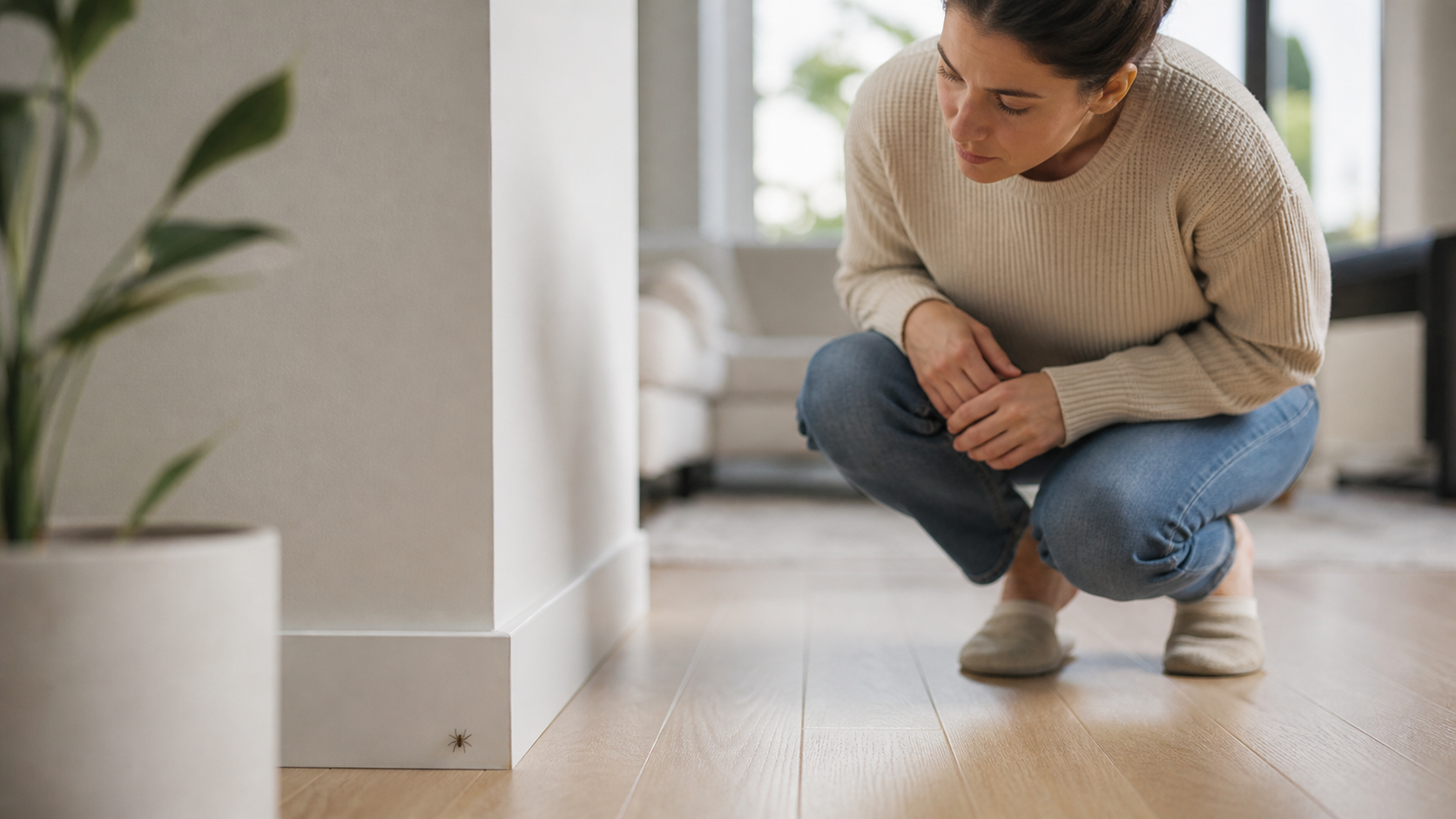 A woman looking at a spider, a sign of a pest infestation in her home.