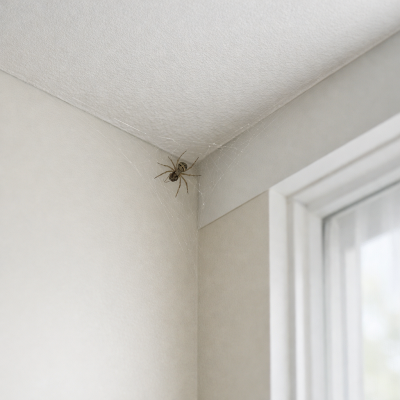 Common house spider in the corner of a ceiling inside a Michigan home with a light web